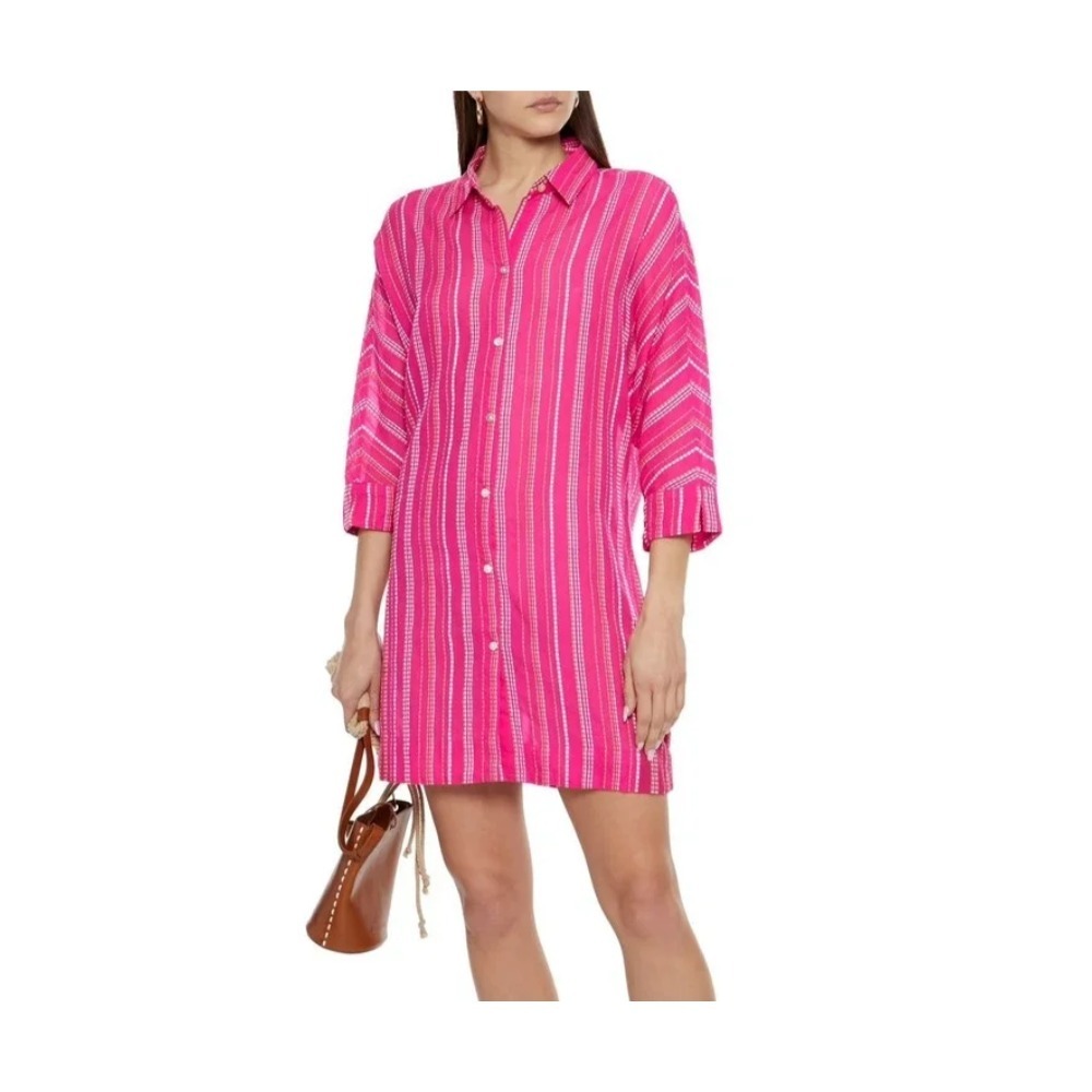 VIX Paula Hermanny Dani Embroidered Mini Shirt Dress Size S Pink Swim Cover Up